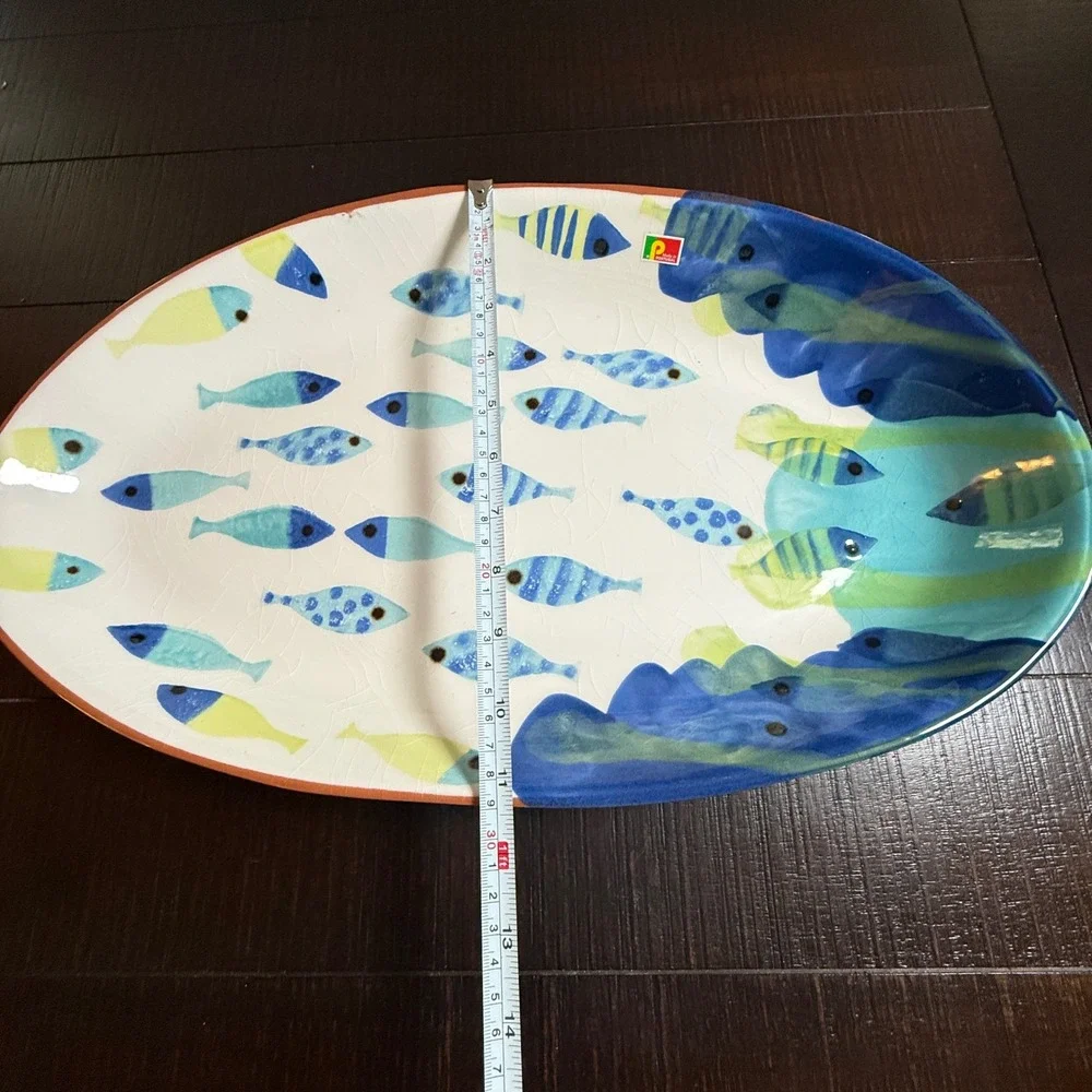 Pier 1 Terracotta Platter Decorative 19in Blue Fish Portugal Coastal Home Decor